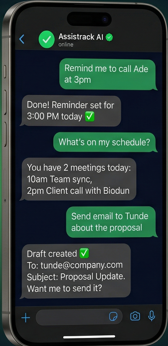 Assistrack AI WhatsApp chat showing reminders, tasks, and email drafting on an iPhone